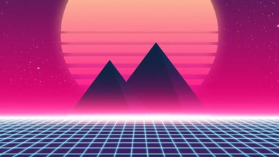 Paisagem vibrante de synthwave com montanhas geométricas e pôr do sol neon