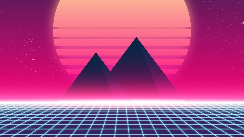 Um fundo retrô dos anos 80 com montanhas e um pôr do sol neon (arte digital, paisagem, synthwave)