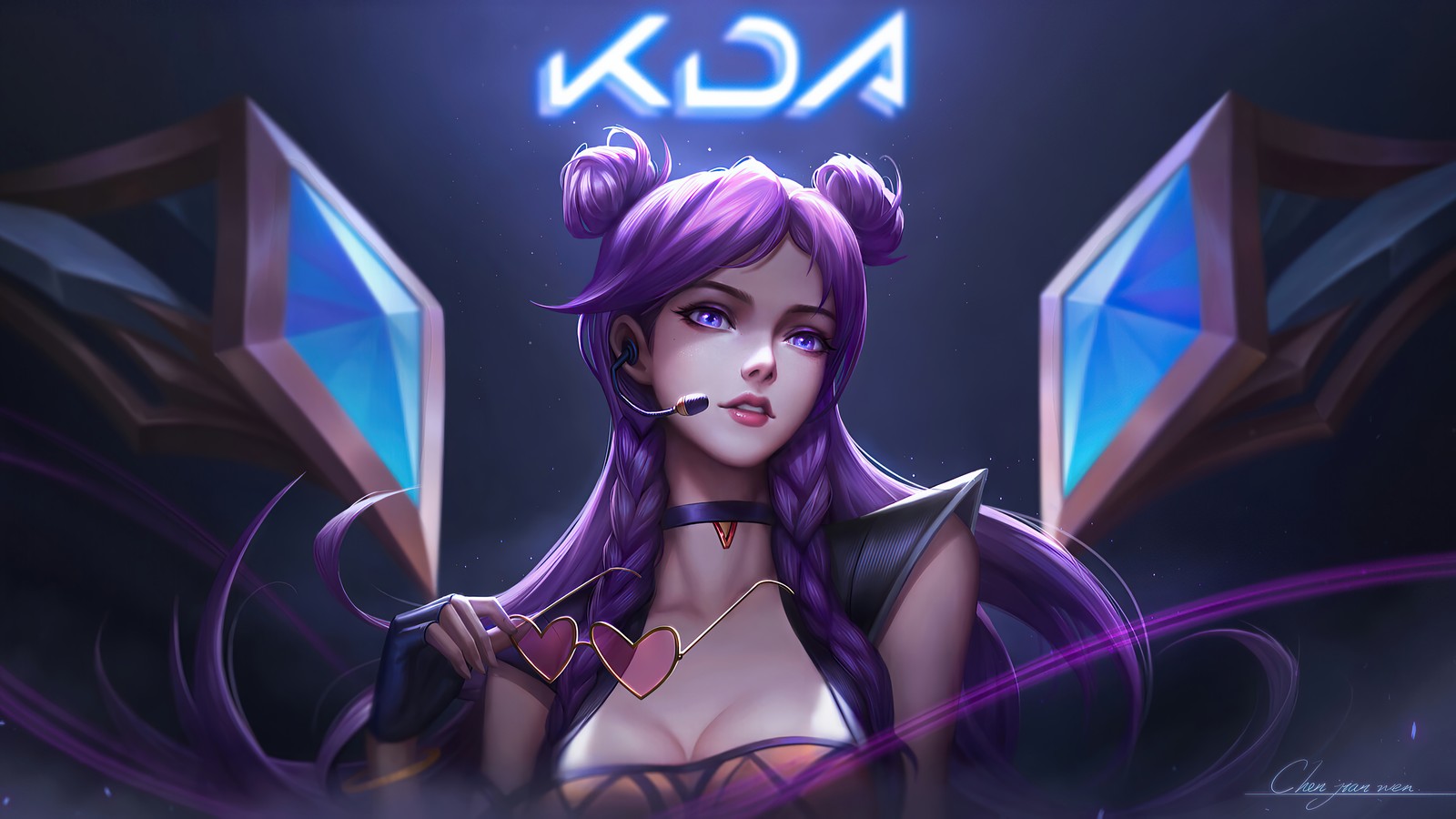 Женщина с фиолетовыми волосами и мечом в руке (kda, kaisa, league of legends, lol, видеоигра)