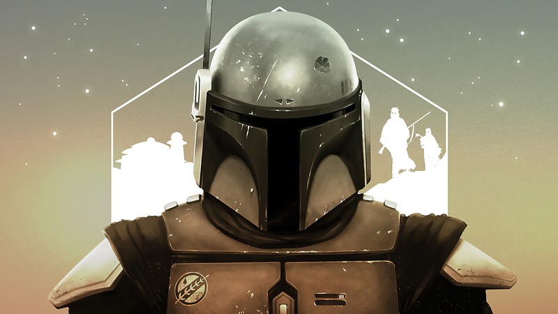 Крупный план персонажа звездных войн в шлеме. (книга бобы фетта, the book of boba fett, дисней плюс, disney plus, сериал)