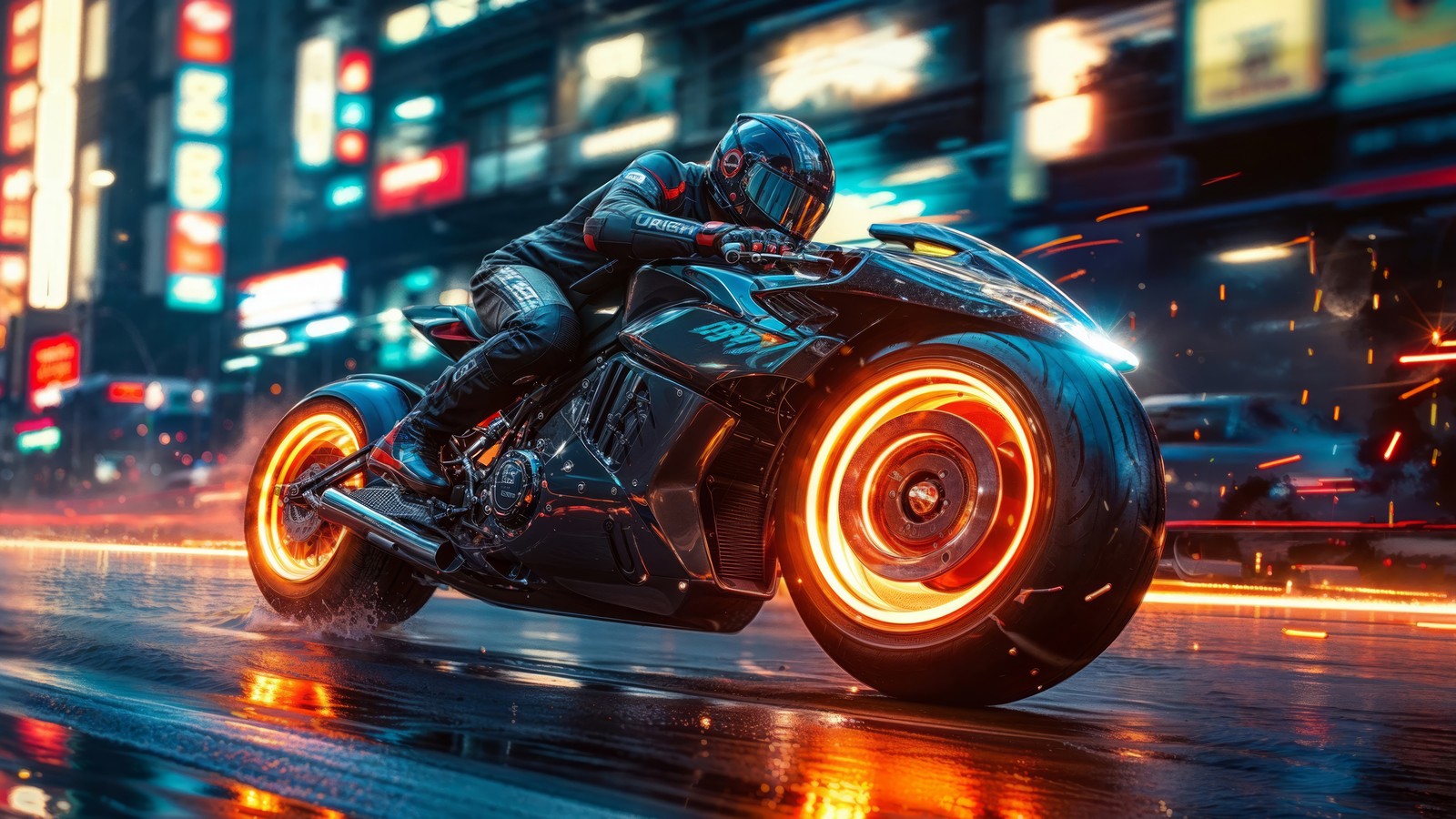 Um homem andando de motocicleta em uma rua molhada à noite (cyberpunk, motocicleta, ficção científica)