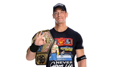 John Cena : Superstar de la WWE avec ceinture de champion sur fond blanc