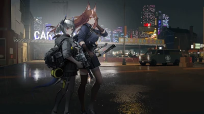 Nighttime Urban Encounter: Liskarm and Franka in Arknights