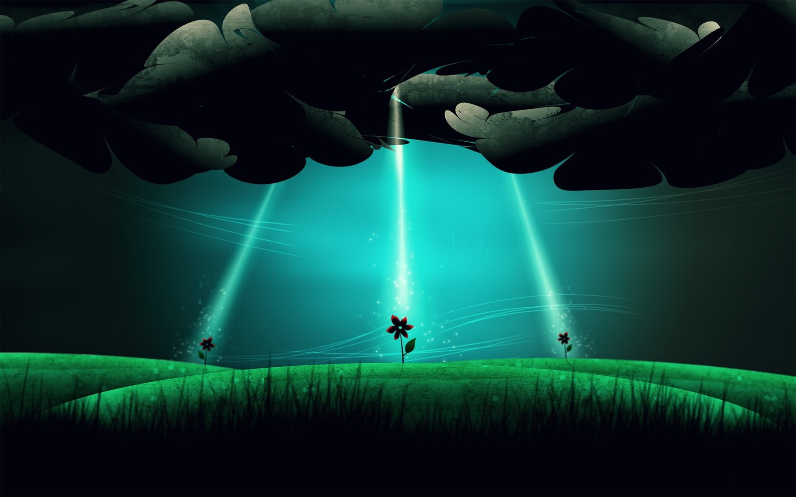 A cartoon picture of a person standing on a field with a light beam (green, water, nature, light, special effects)