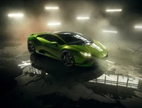 Lamborghini Huracán Tecnica en Vert Vibrant au Milieu d'un Éclairage Dramatique