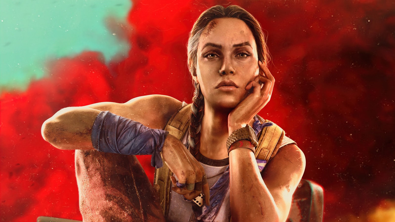 A woman sitting on a chair in front of a red background (far cry 6, video game, clara garcia, character)