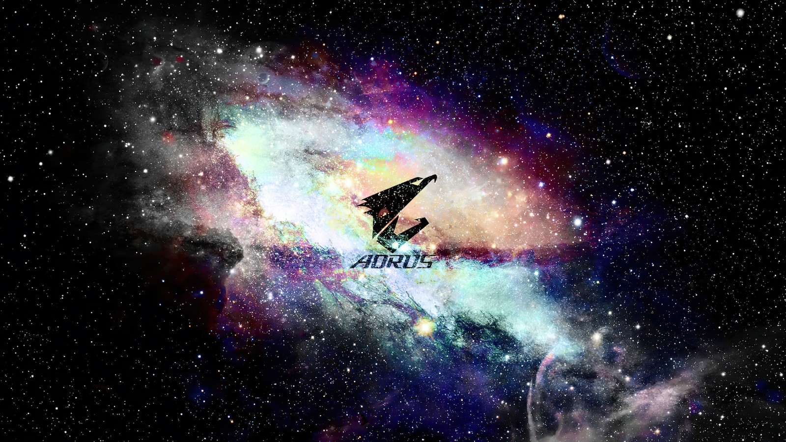 Un primer plano de un transbordador espacial volando a través de una galaxia. (aorus, logotipo, espacio, galaxia, gigabyte)