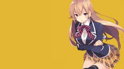 Erina Nakiri de "Shokugeki no Soma" dans une pose dynamique sur un fond jaune vif.