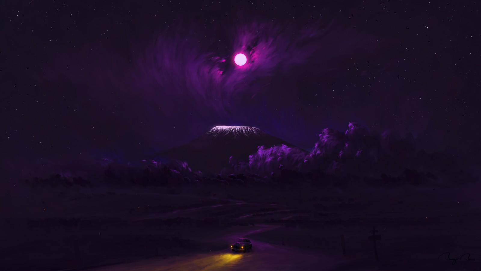 A purple light shines brightly on a mountain in the distance (full, moon, night, mountain, sky)