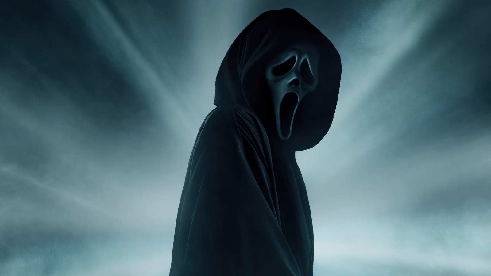 A close up of a person in a hoodedie with a hoodie on (ghostface, ghost face, scream, movie)