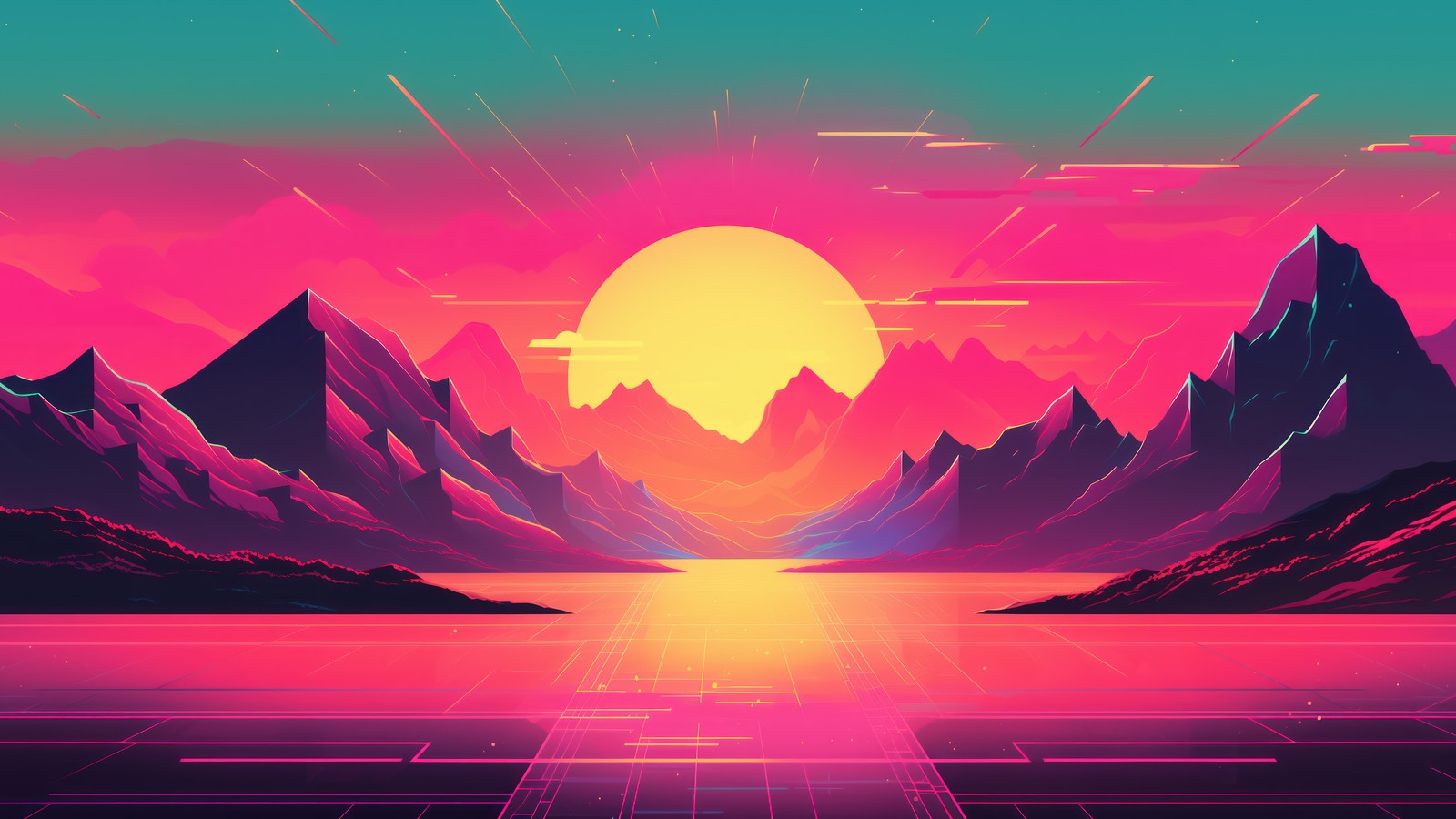 susnet, mountain, synthwave, retrowave, digital art wallpaper