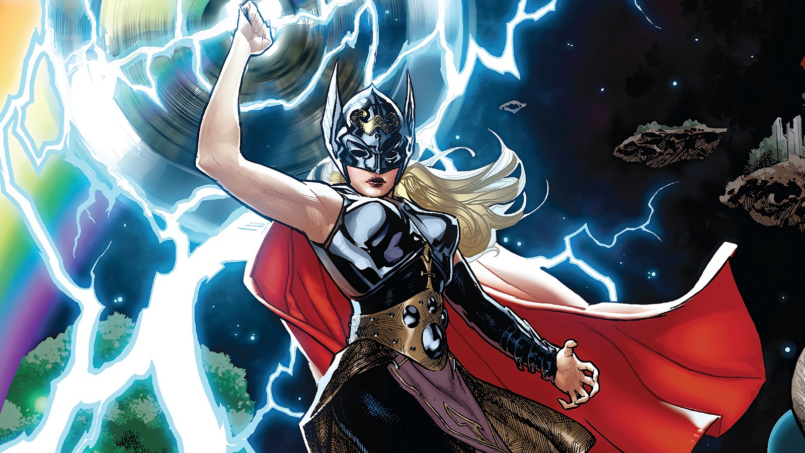 Thor y loki están luchando por un arcoíris (jane, foster, marvel comics, cómics, superhéroe)