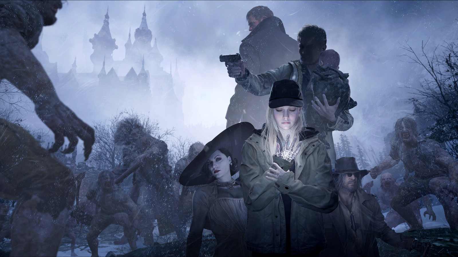 Eine frau steht vor einer gruppe von zombies in einem wald (resident evil village, winters expansion, schatten der rose, rose winters, 2022 spiele)