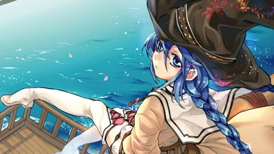 Roxy Migurdia de "Mushoku Tensei: Réincarnation sans emploi", prenant une pose ludique sur un bateau avec un arrière-plan océanique vibrant.