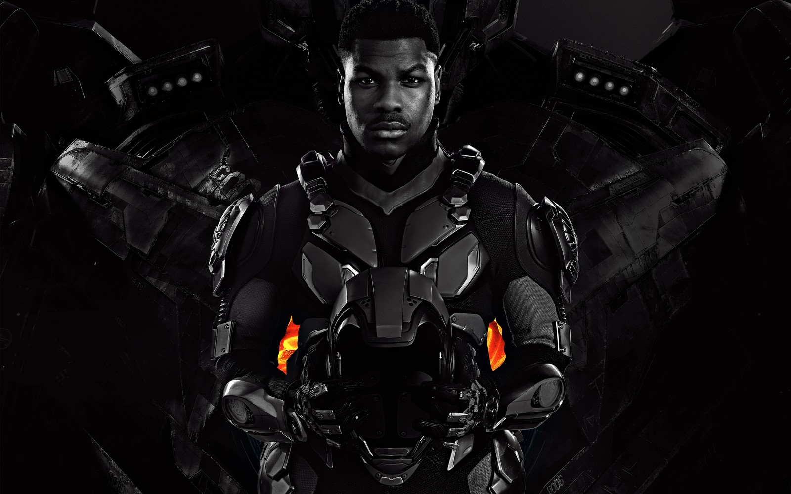 Homme arabe en costume noir avec un œil rouge (pacific rim, pacific rim uprising, obscurité, film de science fiction, film daction)