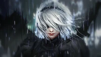 Yorha 2B de Nier Automata em uma cena ensopada de chuva