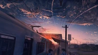 Crepúsculo inspirado em anime: uma cena de estação de trem com nuvens dramáticas e brilho posterior