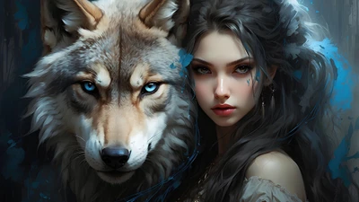 filles, loup, fantaisie, art