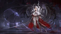 Enchanting Demon Girl with Wings and Sword in a Mystical Setting