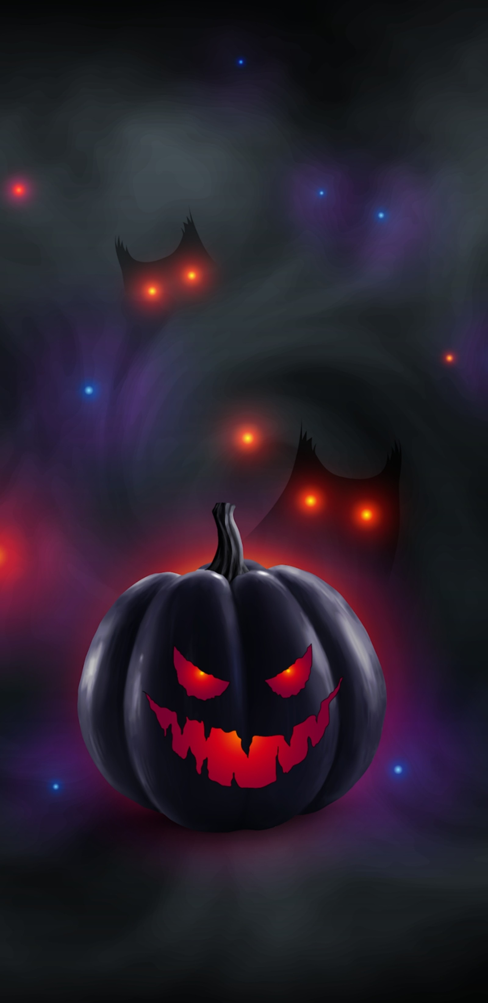 There is a black pumpkin with glowing eyes and a red light (halloween, pumpkin, halloween pumkin, halloween walpapers, evil)