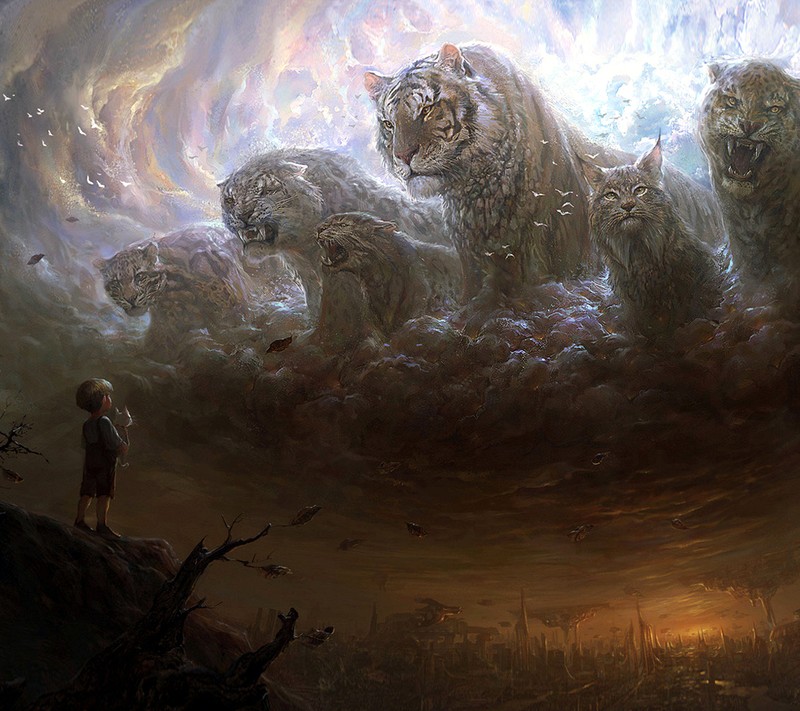 Pintura de un hombre mirando a un grupo de tigres en un cielo nublado (asombroso, niño, gatos, fantasía, futuro)