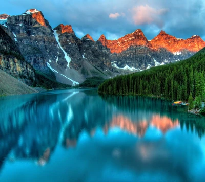 Lever de soleil serein sur un lac de montagne au milieu d'une forêt luxuriante