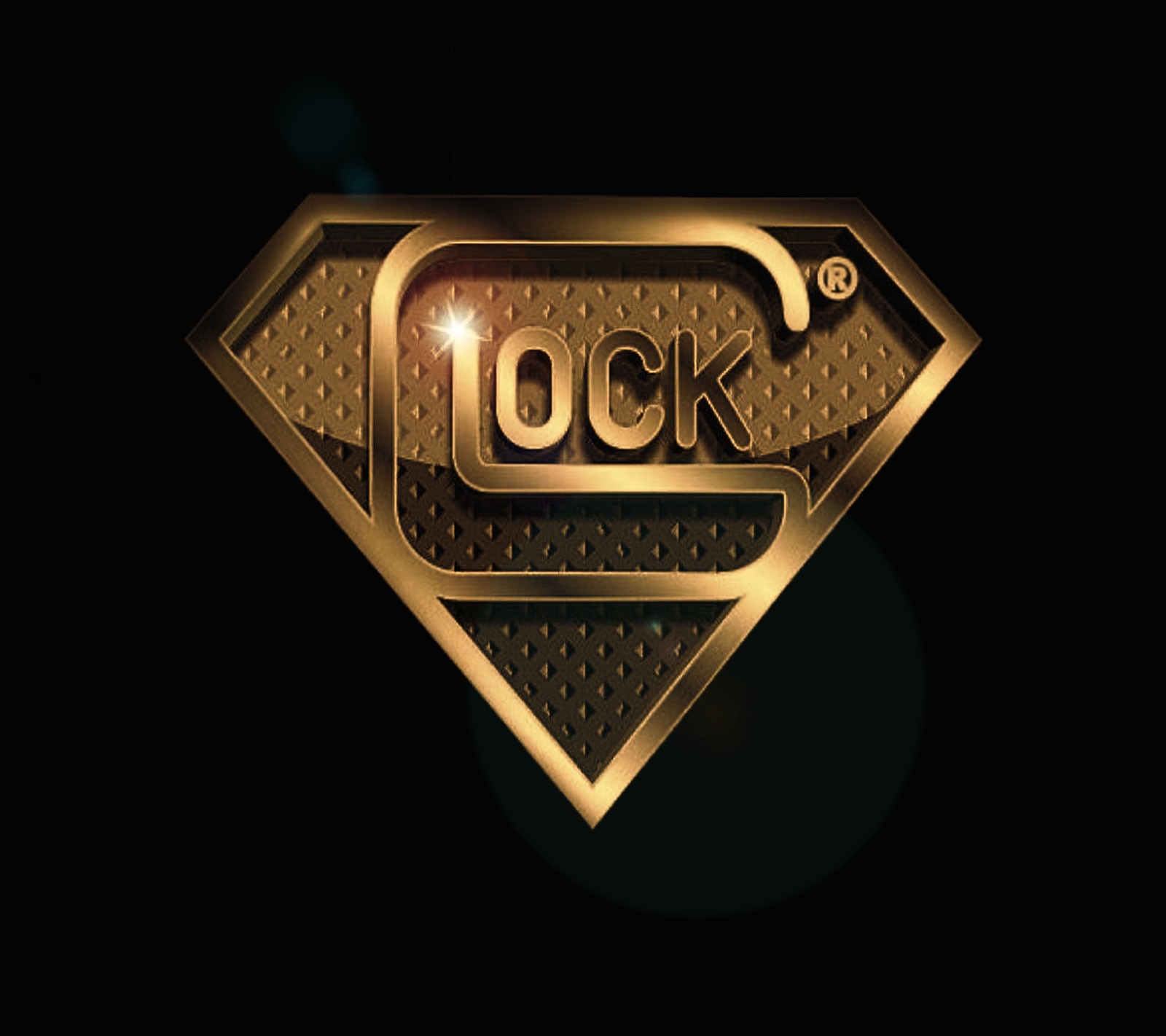 Um close-up de um logotipo dourado com o símbolo do superman (arte, defesa, glock, ouro, dourado)