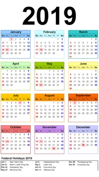 Calendário colorido de 2019 destacando os feriados federais