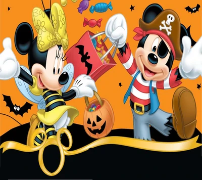 Feliz celebración de Halloween con Mickey y Minnie