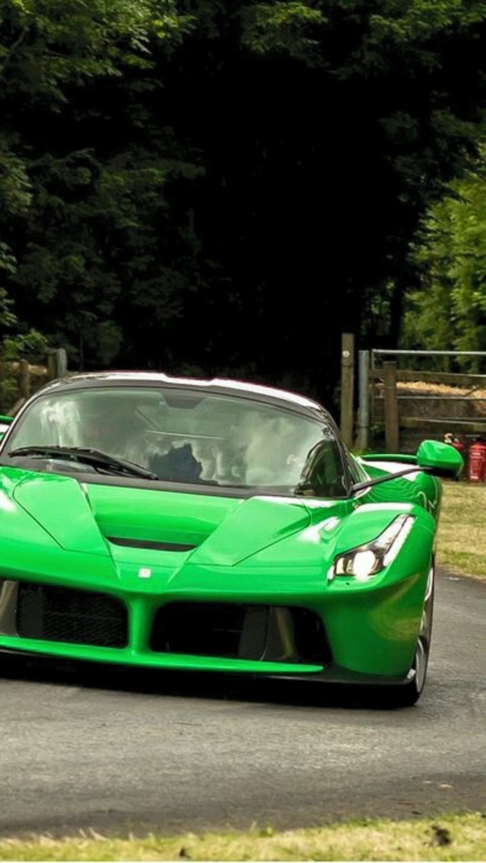 A close up of a green sports car driving on a road (car, ferrari, green)