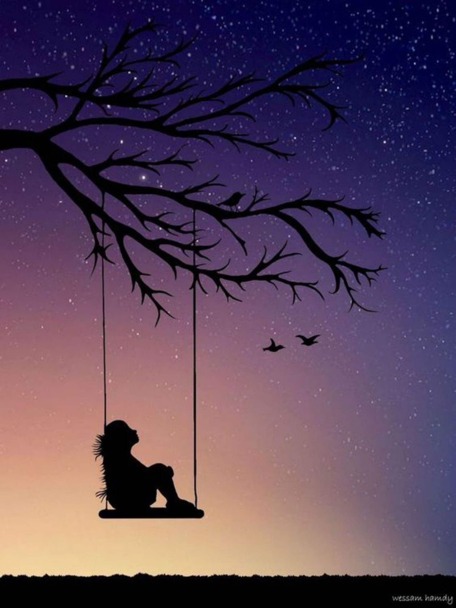 girl, swing, silhouette, starry, night Download Wallpaper