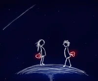 Dos figuras compartiendo corazones bajo un cielo estrellado