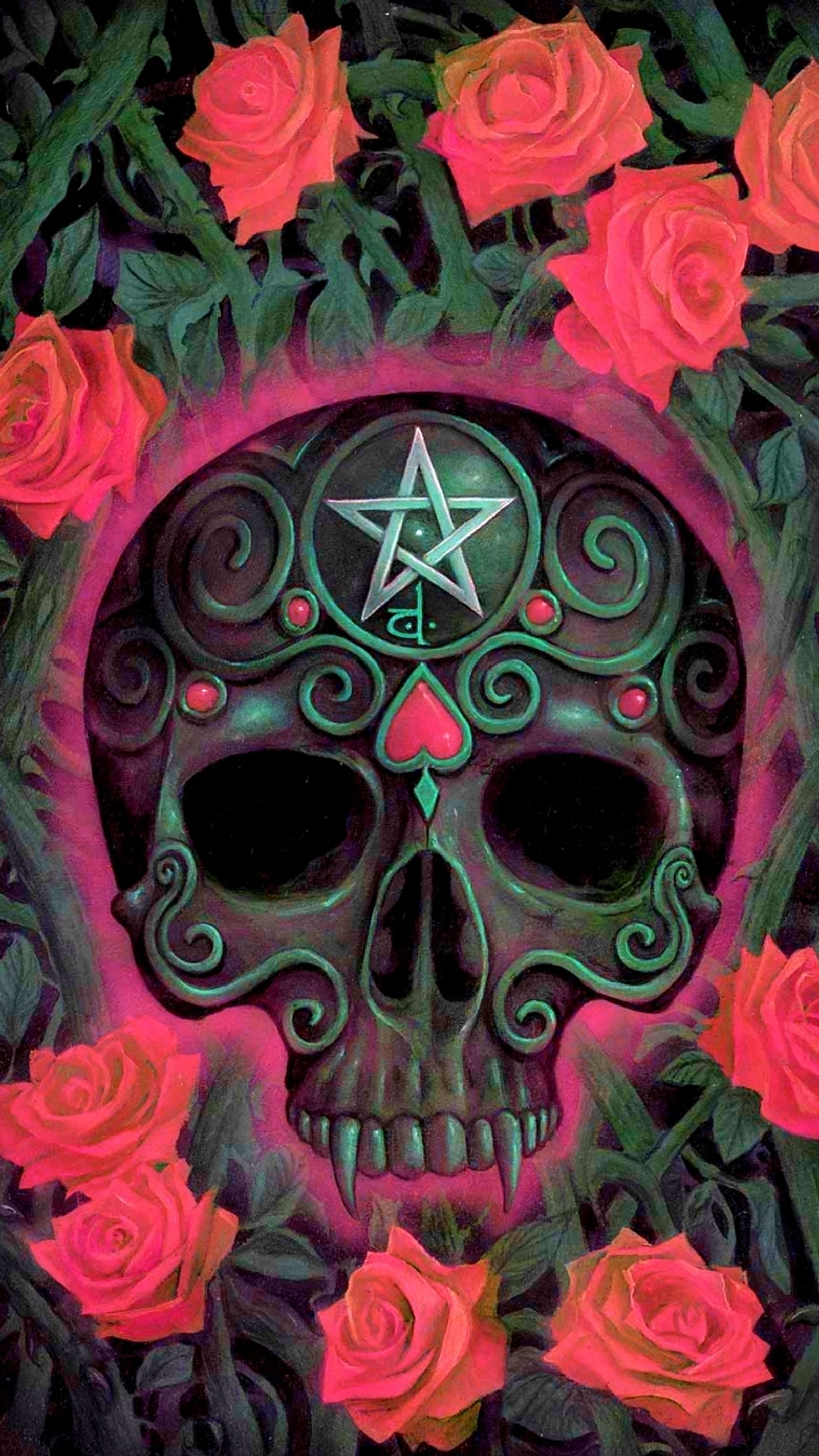 Skull and roses with pentagram on it (dark, goth, pentacle, pentagram, roses)