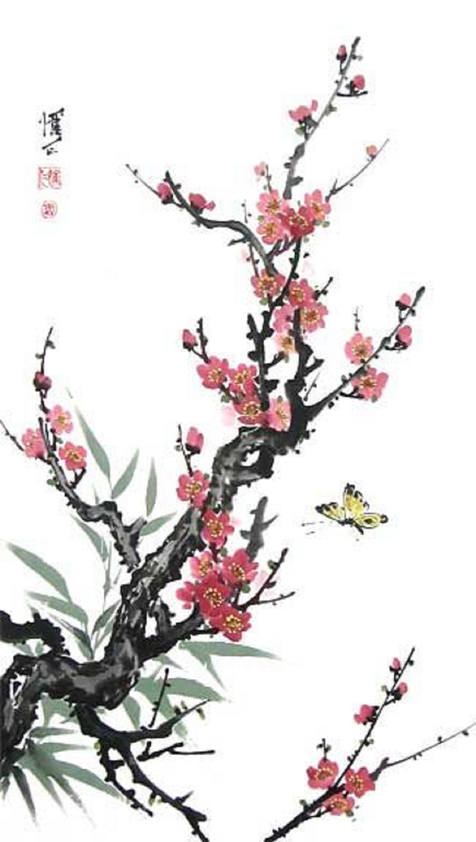 A close up of a painting of a tree with flowers and a butterfly (flower, painting)