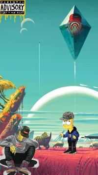 Surreal Landscape with Cartoon Characters and Dynamic Sky Elements