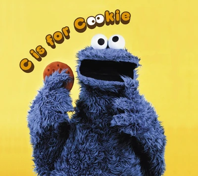 Cookie Monster holding a cookie with the text "C is for Cookie" on a bright yellow background.