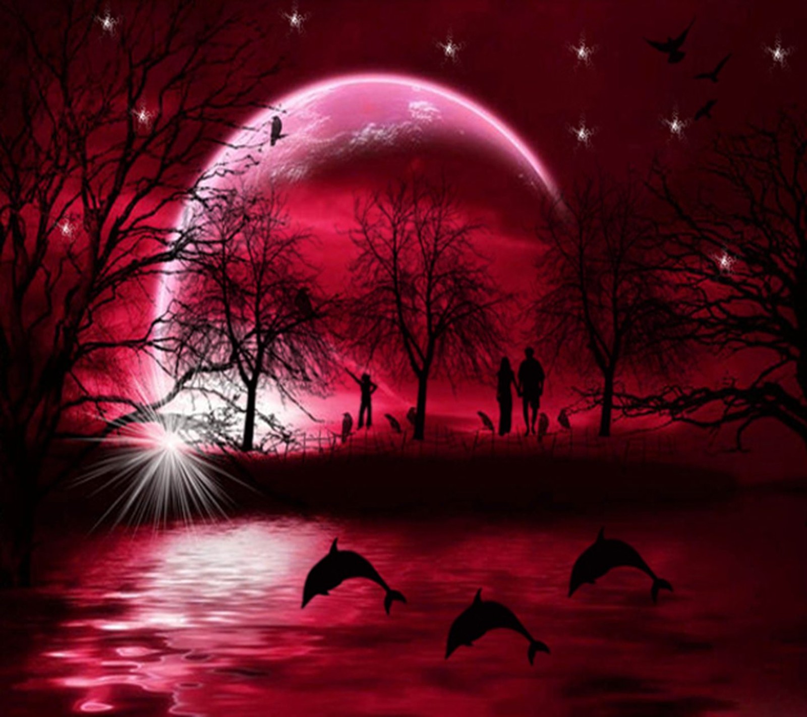 A group of dolphins are swimming in a lake with a red moon in the background (dolphin, landscape, moon, nature, pink)