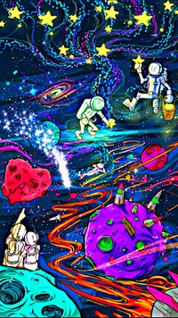 Trippy Cosmic Adventure: Colorful Astronauts Amidst Neon Planets and Stars