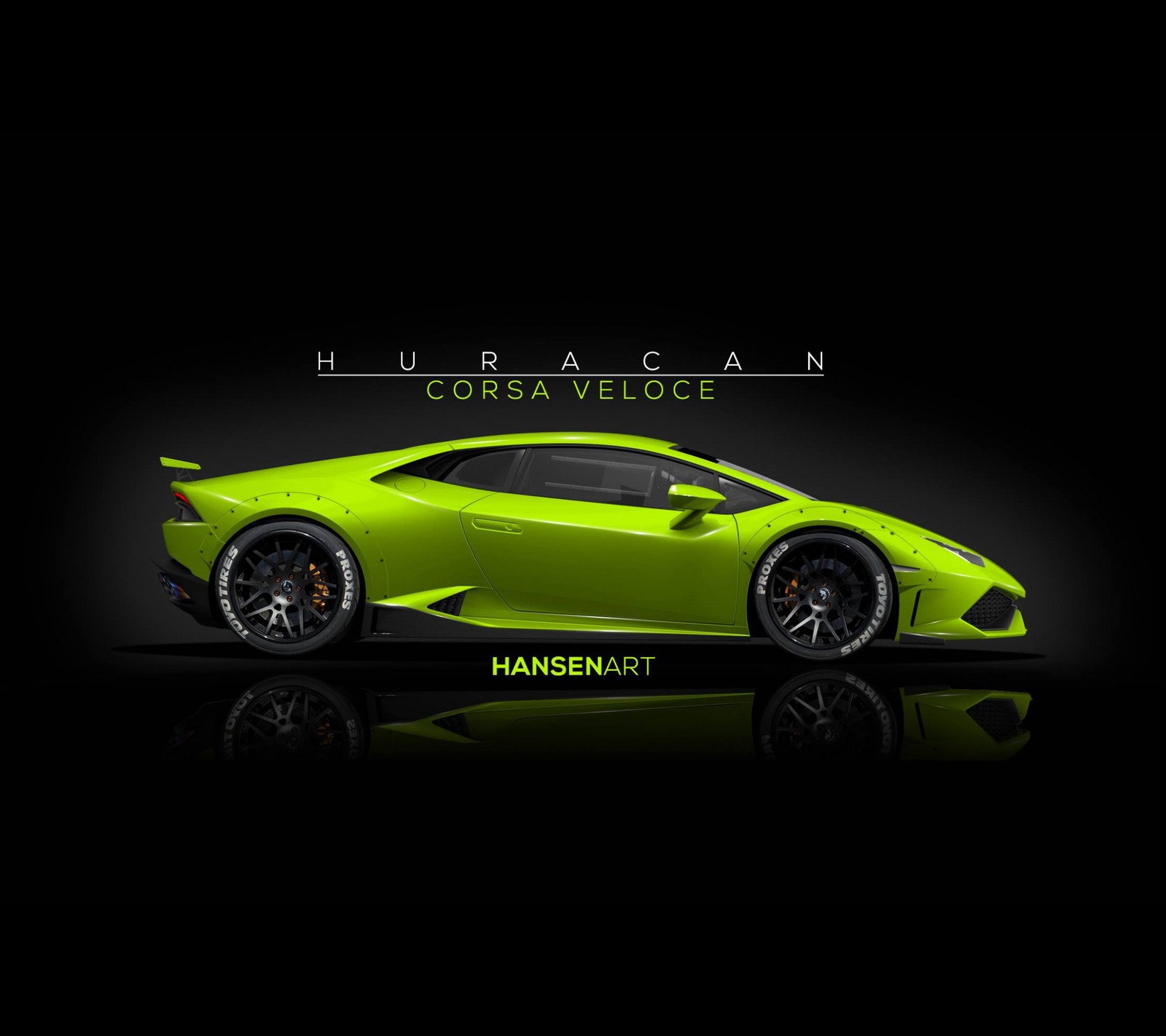 Зеленый спорткар на черном фоне с надписью huracan consa velo (corsa, lambo, lamborghini, велоче, veloce)