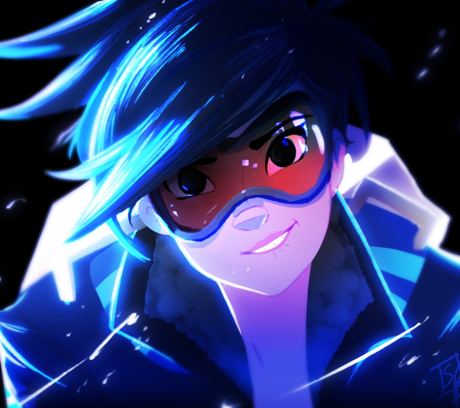 A close up of a person with a blue hair and a goggles (games, overwatch, tracer)