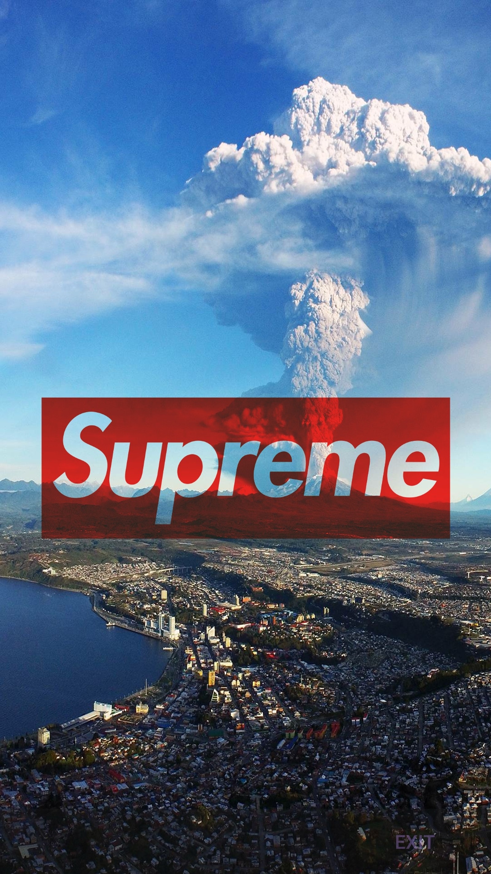 Logo supreme sobre uma cidade e um lago (lit, supreme)