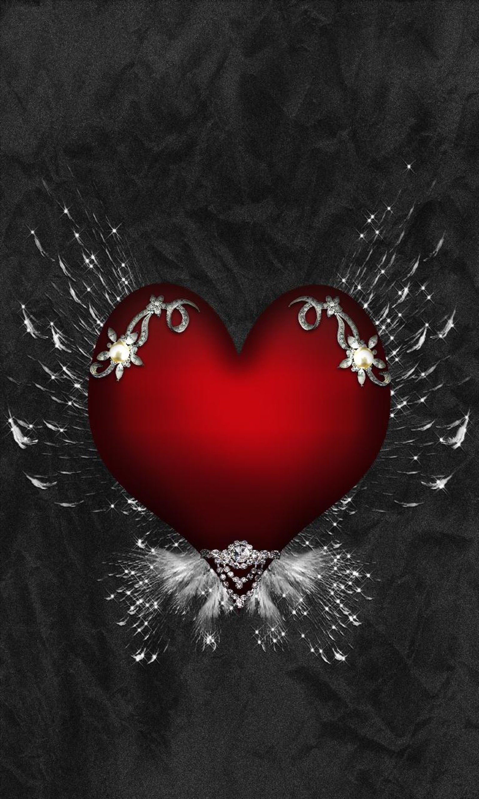 A red heart with wings on a black background (background, black, hearts, love, red)