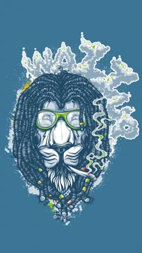 Rasta Lion with Dreadlocks and Glasses, Exhaling Smoke