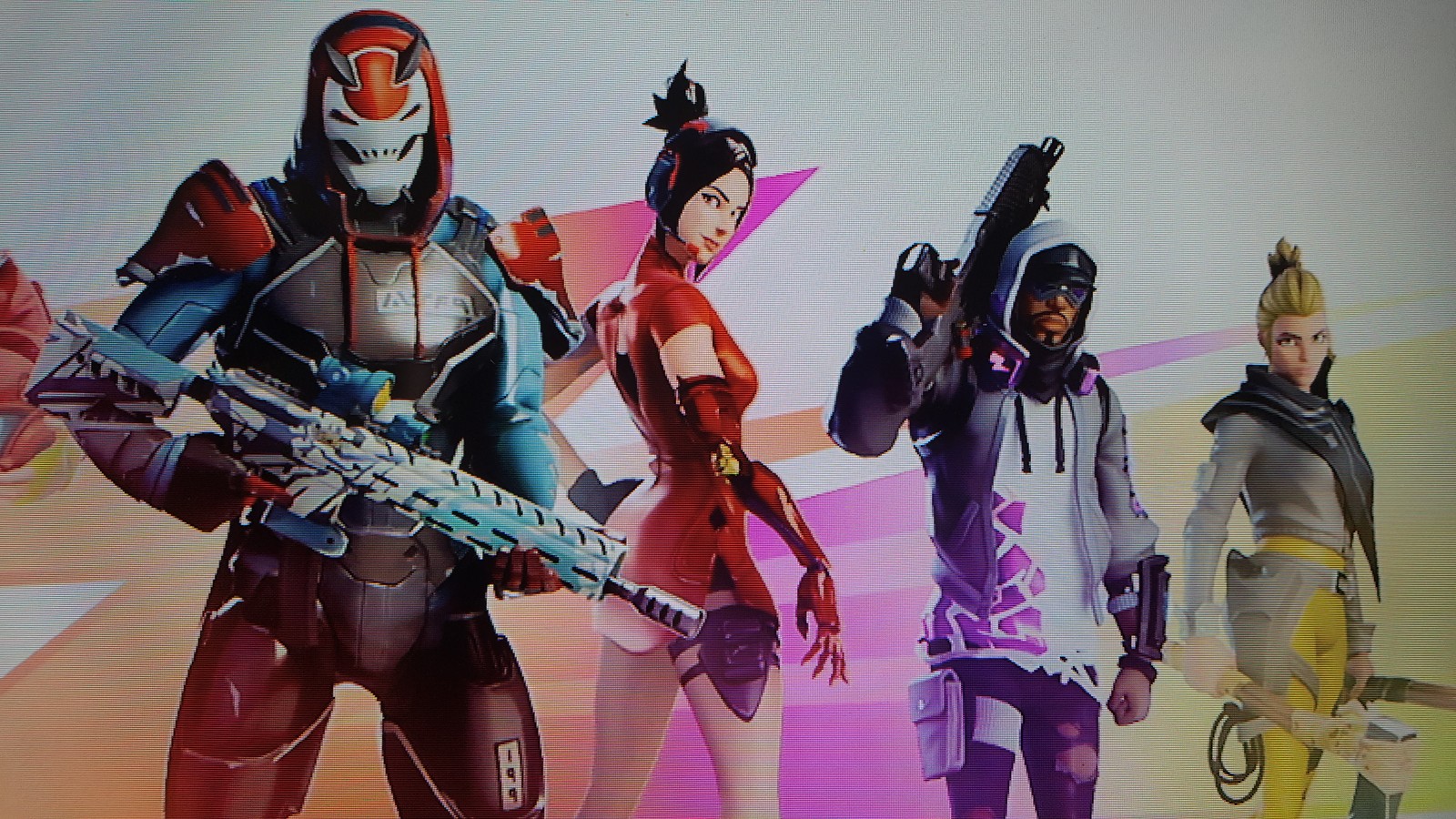 A close up of a group of people with weapons on a screen (fortnite, fresh, gaming, neat, season 9)