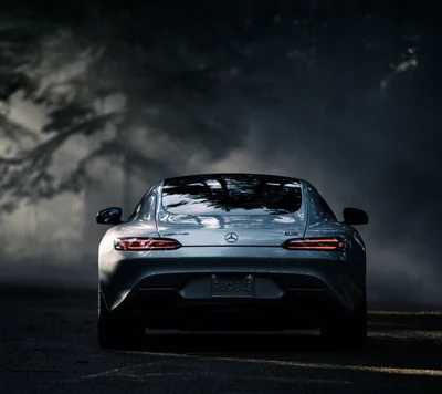 Elegante coche deportivo Mercedes-AMG en un entorno forestal brumoso.