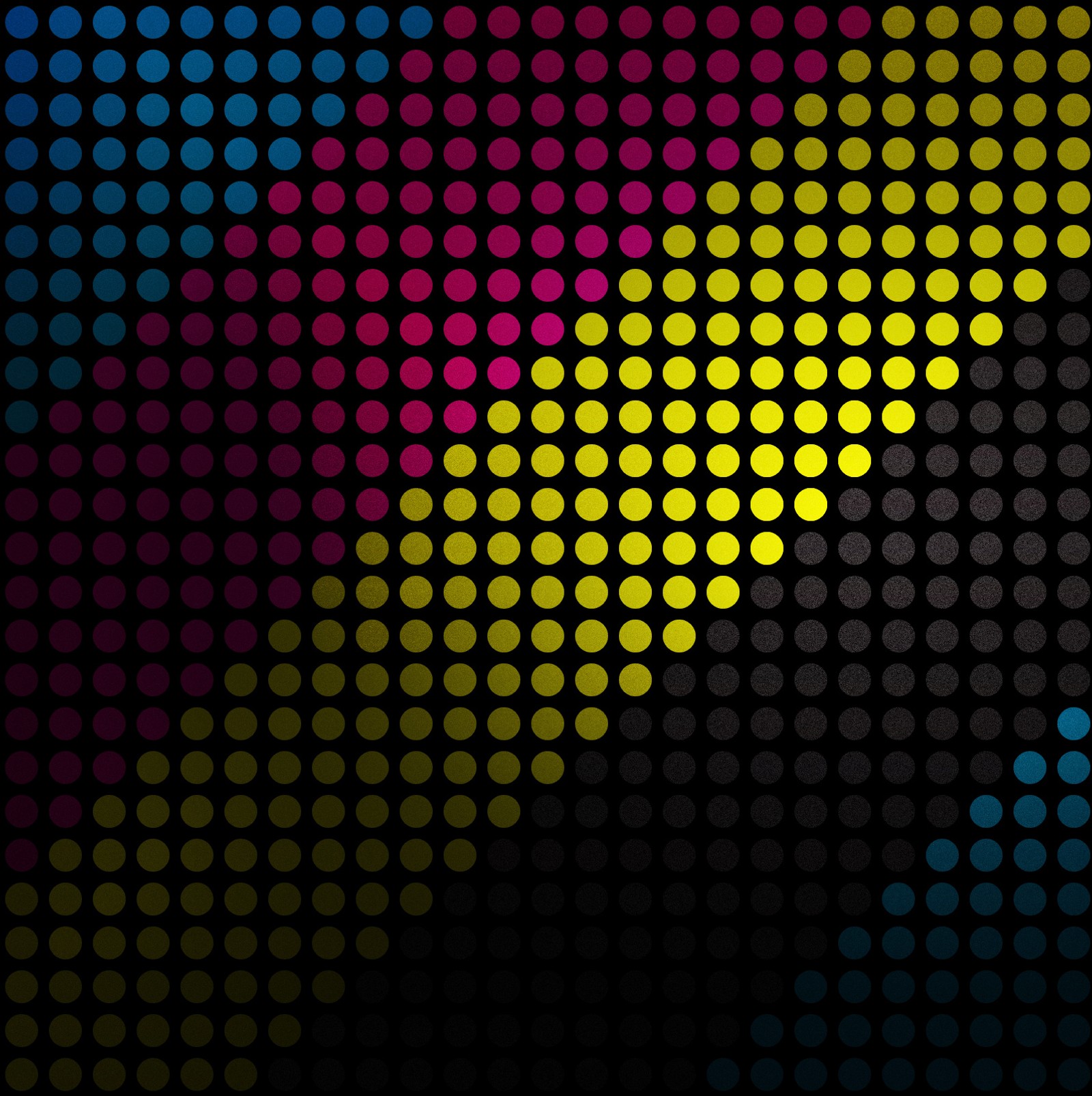 A close up of a colorful dot pattern on a black background (circle, colorful, colors, dots, shade)