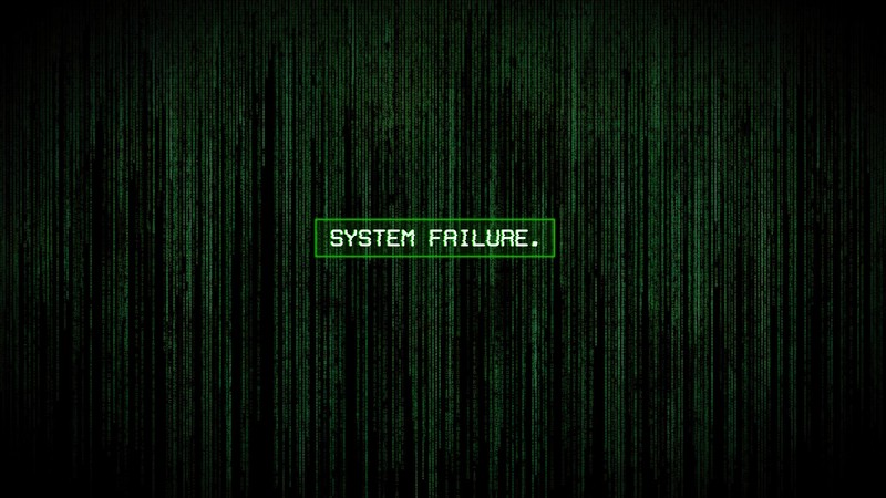 Зеленый знак с надписью "система сбоя" на черном фоне (system failure, матрица, код, фон, цифровое искусство)