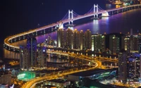 Paysage urbain illuminé d'une métropole la nuit avec des gratte-ciel et un pont