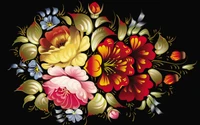 Vibrant floral bouquet in intricate vector design with yellow, red, and pink flowers, complemented by delicate green leaves against a black background.