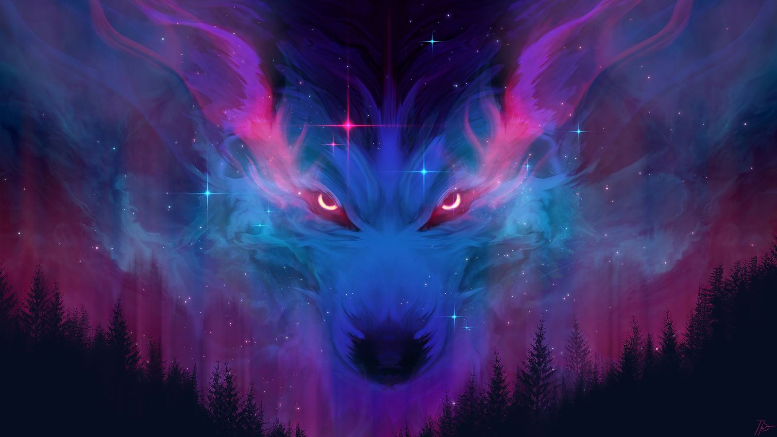 A wolf with glowing eyes and a forest in the background (purple, violet, fractal art, art, nebula)